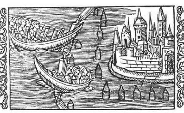 Sejlspærringer beskytter borgen. Fra Olaus Magnus bog om de nordiske folks historie fra 1555.